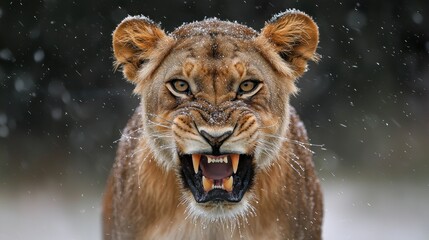Obraz premium Fierce lioness in snowy environment, head and shoulders, roaring