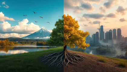 Nature vs. Cityscape A Stunning Dual-World Tree Illustration