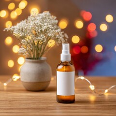 Amber bottle product shot with festive bokeh and golden hour light. A warm and festive setting for minimalist beauty product photography.