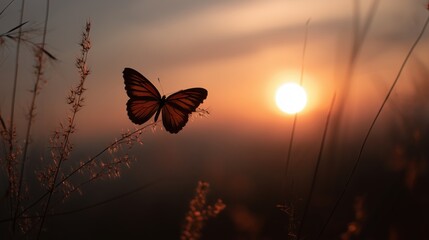 Butterfly gracefully silhouetted against a serene sunset in a natural setting