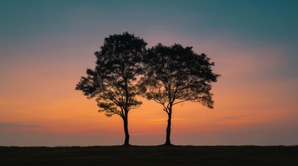 Fototapeta premium Two tall trees silhouetted against a vibrant orange and blue sunset