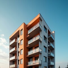 A modern apartment building with multiple floors and balconies, featuring a mix of orange and gray exterior walls. The building is set against a clear blue sky