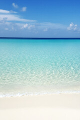 Obraz premium Clear Tropical Beach with White Sand and Ocean under Blue Sky, Seaside Landscape for Summer Background – AI Generated