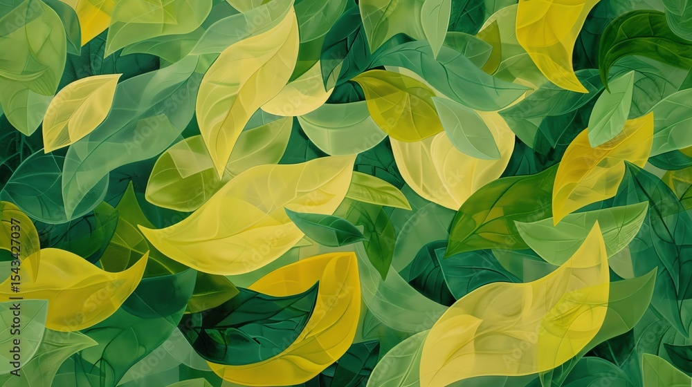 Poster green and yellow leaves of different shapes and sizes with smooth edges on a dark background. the le