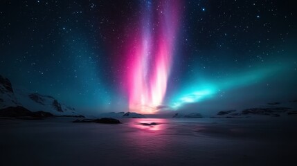 A breathtaking view of colorful aurora borealis illuminating a serene snowy landscape, showcasing the majestic beauty of nature and evoking a sense of wonder and tranquility.