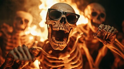 A group of enthusiastic skeletons wearing sunglasses express joy and excitement against a fiery background, embodying a quirky and vibrant energy that captivates the viewer.