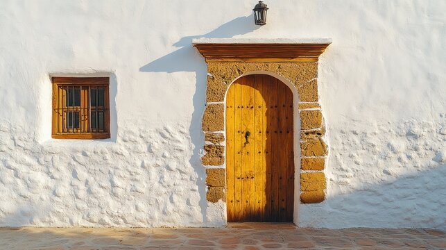 Aged whitewashed building with a wooden door