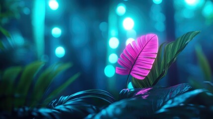 A beautifully illuminated pink leaf against a vibrant backdrop of neon colors, highlighting the interplay of nature and technology in a dreamlike, futuristic jungle setting.