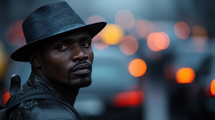 A thoughtful man in a stylish hat gazes into the distance while surrounded by a vibrant city backdrop, evoking a sense of contemplation and urban mystery.