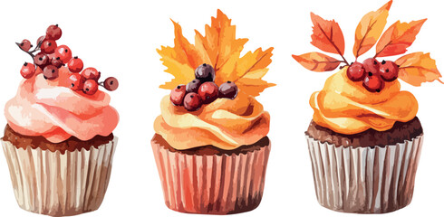 Watercolor Illustration of Three Autumn Themed Cupcakes with Berries and Leaves Perfect for Fall Baking Thanksgiving or Seasonal Dessert Designs on a Clean White Background