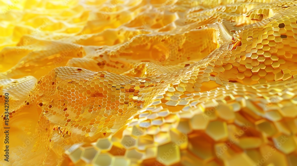 Poster abstract flowing golden waves with a honeycomb pattern. 3d rendering.
