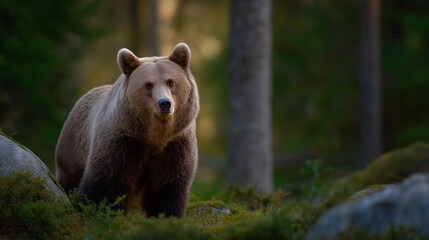 Fototapeta premium Majestic bear standing in soft forest light
