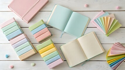 Pastel-colored books stacked randomly — overhead view, clean and airy layout