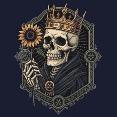 Majestic skeleton wearing crown holding sunflower symbolizing power and life