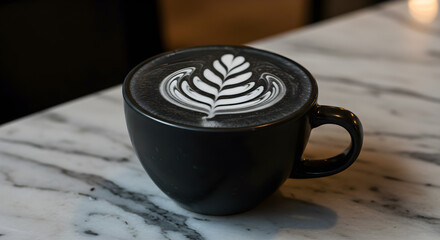 Charcoal latte in a black ceramic cup