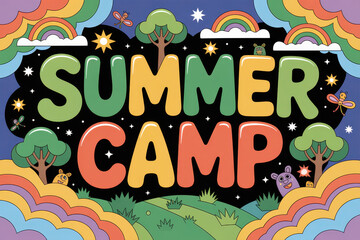 Fun and Colorful Summer Camp Illustration with Vibrant Rainbows and Playful Animals