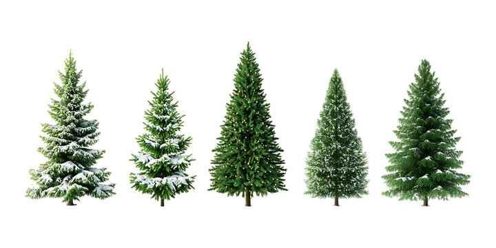 Pack Collection Four Evergreen Trees Natures Green Conifers for Design Projects set against transparent background