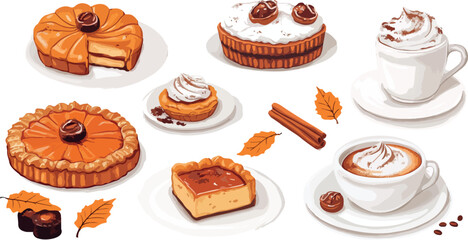 Festive Fall Desserts and Drinks Illustration Pumpkin Pie Pecan Tart Coffee with Whipped Cream Cinnamon Sticks and Autumn Leaves on a White Background