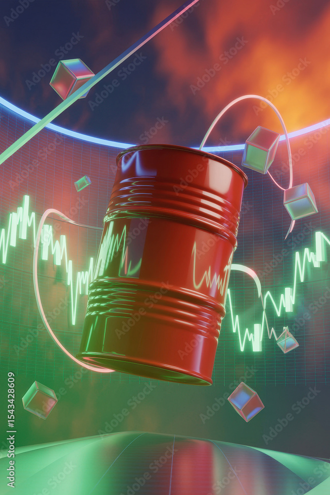Poster dynamic oil market trends visualized with floating red barrel and graph lines in neon-hued atmospher