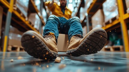 A dramatic scene capturing a man losing balance and falling in a warehouse setting, highlighting the importance of safety and awareness in occupational environments.