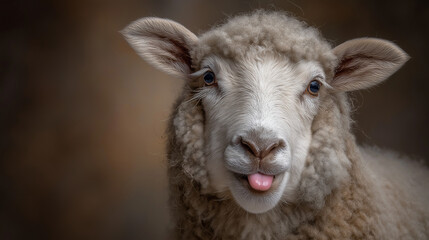 Fototapeta premium Playful sheep portrait with tongue out illuminated by gentle light