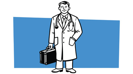 A doctor in a white coat and stethoscope holding a black briefcase stands against a blue background