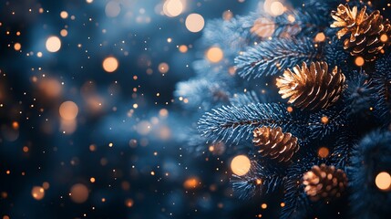 Golden Pine Cones and Blue Spruce with Bokeh Festive Holiday Bac