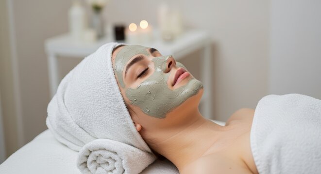 Side view of a woman lying in a beauty salon with a mud pack
