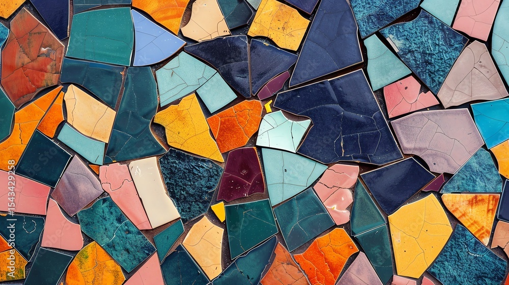 Poster a beautiful mosaic of broken ceramic tiles in various colors. the tiles are arranged in a random pat