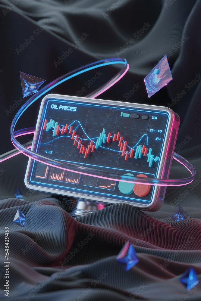Poster futuristic digital dashboard displaying oil prices with neon graphs and dynamic elements in vibrant 
