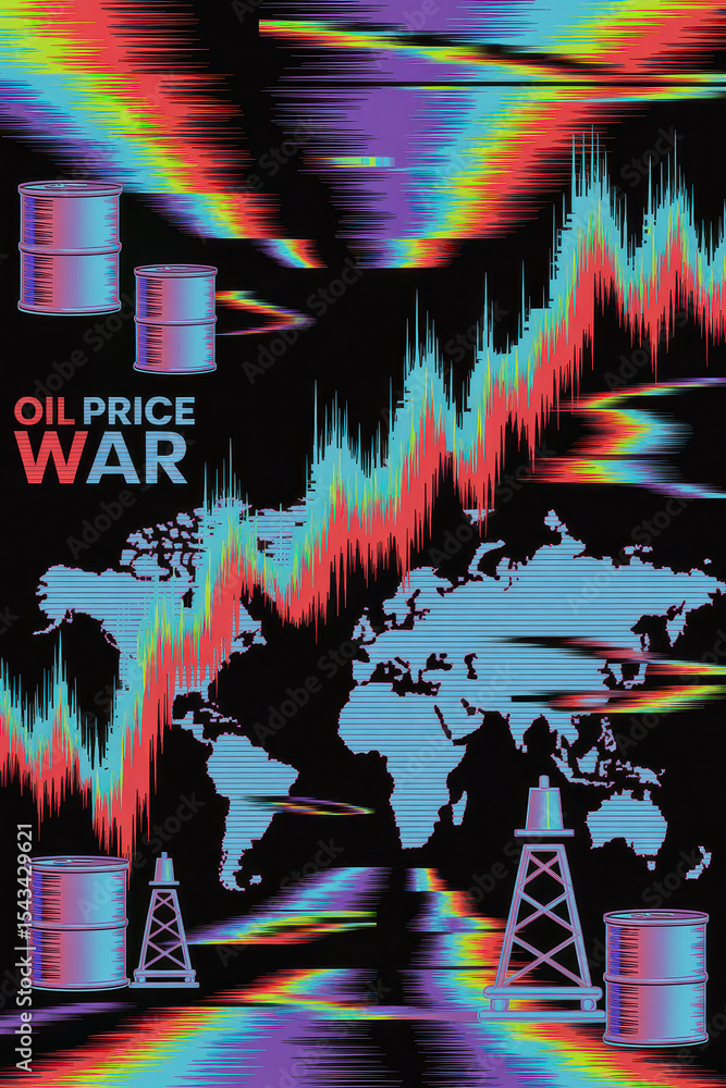 Aufkleber dynamic representation of oil price war with pulsating graphs and global map in neon tones