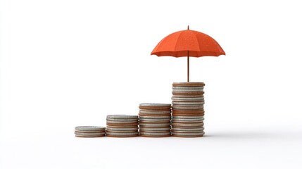 Stacked Coins Under Red Umbrella Representing Financial Protection