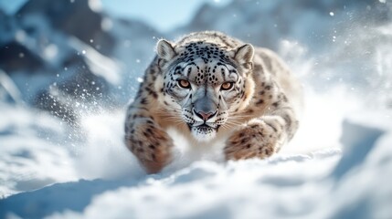 Obraz premium A stunning depiction of a snow leopard in motion, elegantly sprinting through the pristine snow, showcasing its strength, grace, and the beauty of its natural habitat.