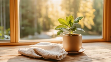 Fototapeta premium A tranquil image of a potted plant basking in sunlight next to a window, embodying growth, serenity, and a connection with nature through the light and greenery.