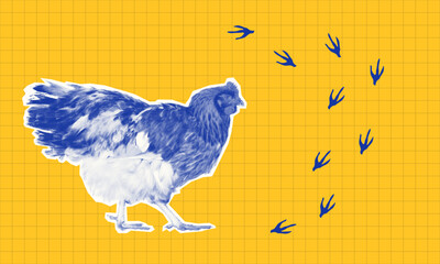 Blue hen halftone Silhouette with Footprints on Grid yellow Background
