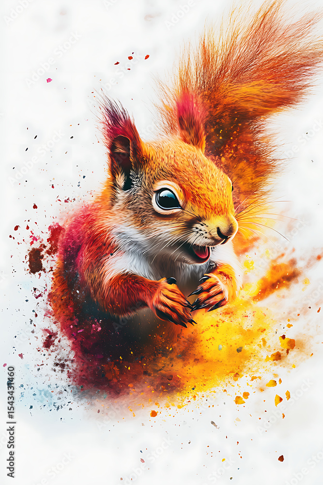 Poster Vibrant squirrel surrounded by colorful splashes, showcasing its playful nature in a dynamic setting