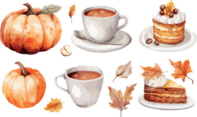 Watercolor Autumn Still Life with Pumpkins Coffee and Cake A cozy and inviting illustration perfect for seasonal designs Thanksgiving themes or adding a touch of