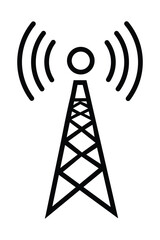 Simple black antenna tower icon transmitting radio waves communication design
