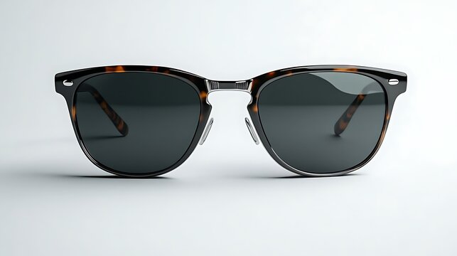 A stylish pair of tortoise-shell sunglasses with dark lenses is isolated on a clean white.