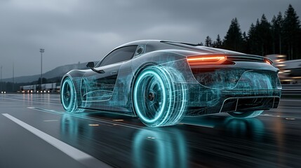 Futuristic electric sports car driving on smart digital highway