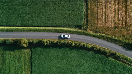 car driving on the road near empty green fields, view straight from the top