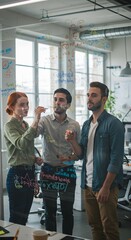 Team Brainstorming on Glass Wall in Open Office
