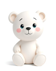 Naklejka premium Charming Cartoon White Teddy Bear with Round Head, Big Blue Eyes, Tiny Black Nose and Pink Cheeks, Sitting Playfully with Beige Inner Ears