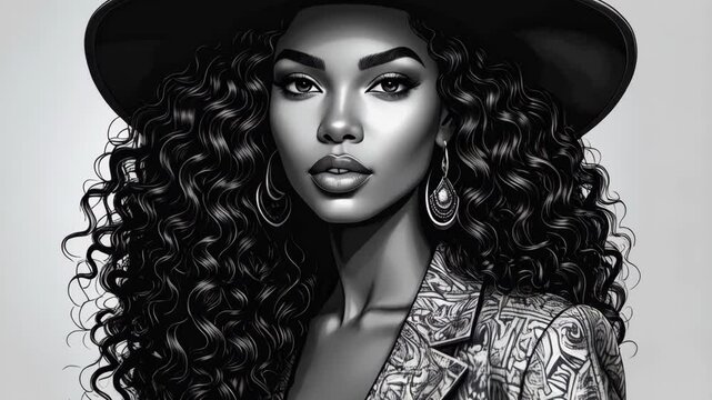 Elegant woman with curly hair, hat, designer blazer and drop earrings in black and white illustration with glamourous makeup.