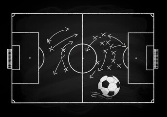 Chalkboard soccer strategy, tactical plan drawn on pitch