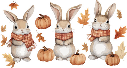 Watercolor Illustration of Three Cute Rabbits with Scarves Pumpkins and Autumn Leaves on a White Background Perfect for Fall and Thanksgiving Themed Designs and Decorations