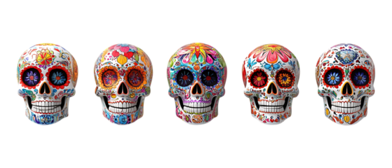 Pack Collection Sugar Skulls Day of the Dead Decorations Colorful Calaveras set against transparent background
