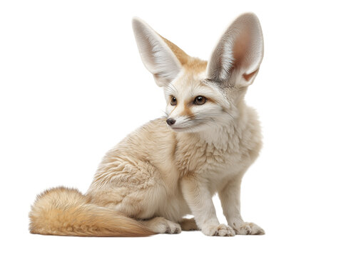 An adorable Fennec fox with oversized ears sits alertly, its soft, creamy fur contrasting beautifully against a pure white background. 
