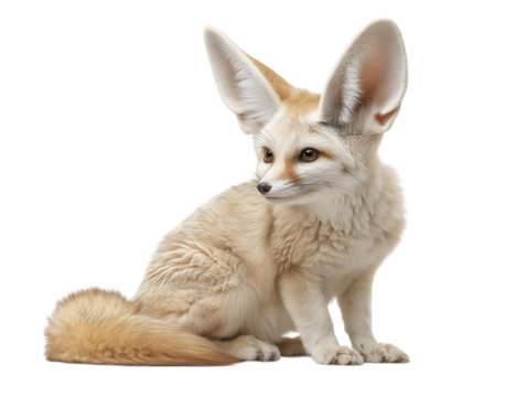An adorable Fennec fox with oversized ears sits alertly, its soft, creamy fur contrasting beautifully against a pure white background. 