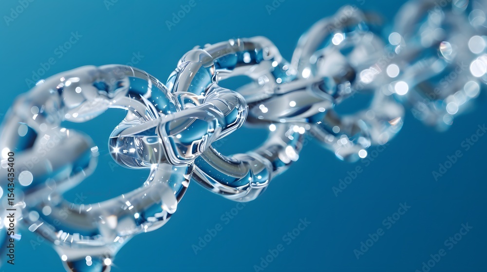 Poster glass chain links on blue background - transparent interlocking connection concept